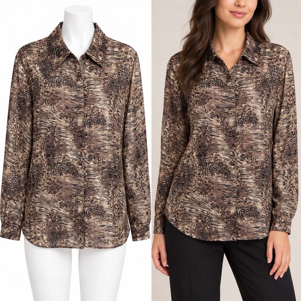 Notations Blouse Women XL Brown Abstract Animal Print Sheer Button Front Shimmer